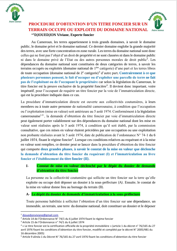 Lire la suite à propos de l’article PROCEDURE D’OBTENTION D’UN TITRE FONCIER SUR UNTERRAIN OCCUPE OU EXPLOITE DU DOMAINE NATIONAL